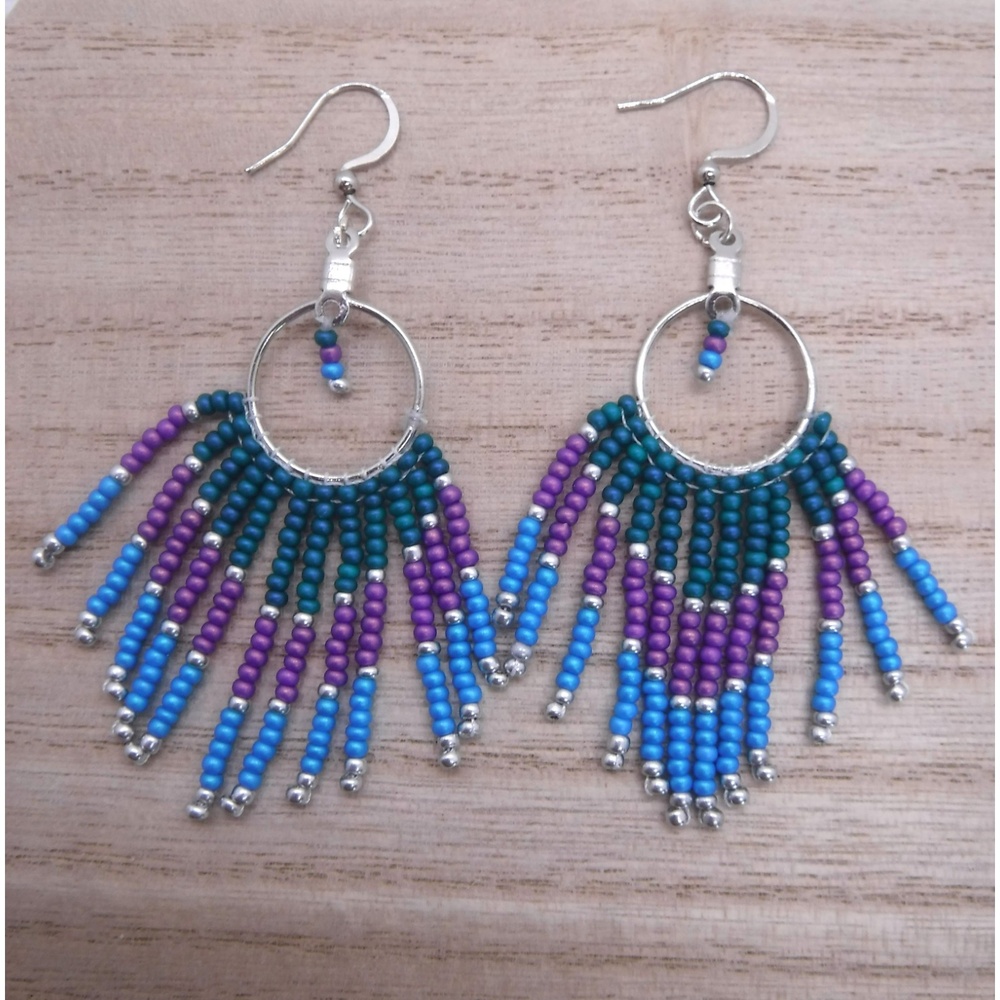 Earrings Beaded Silver Teals, & Purple